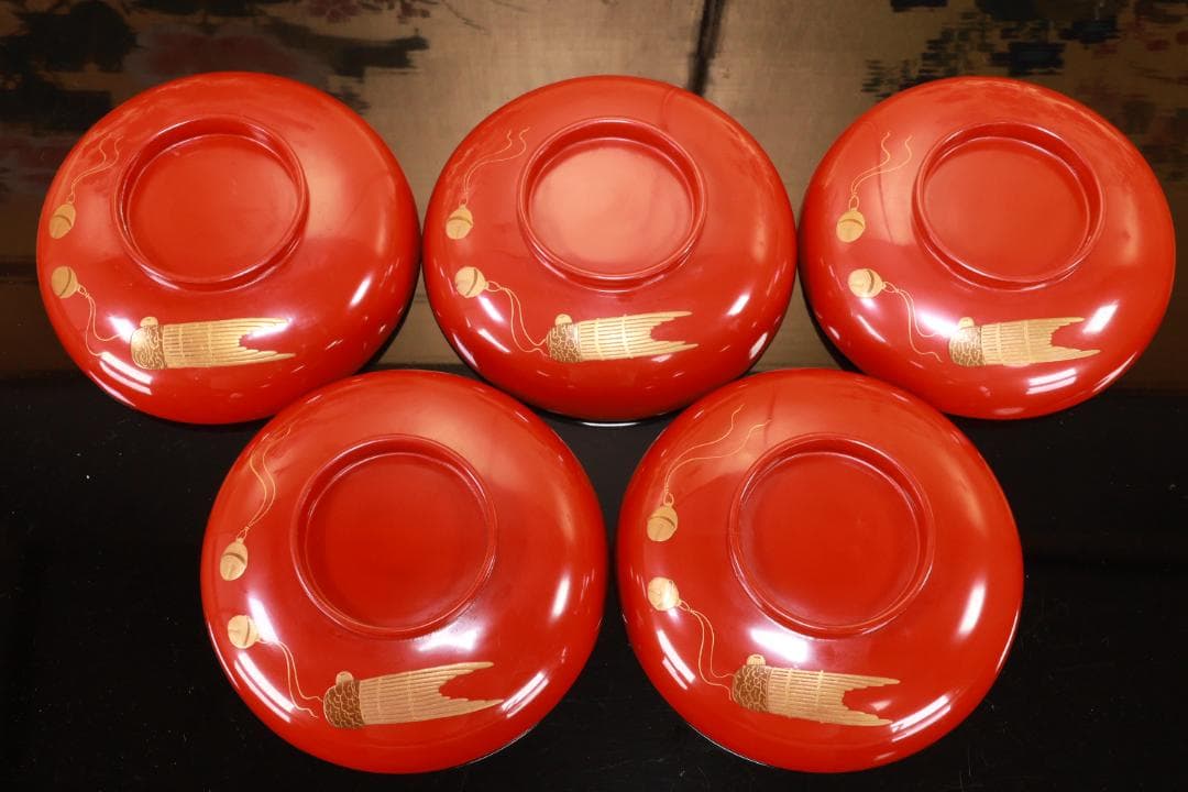 BK106　時代輪島塗　雅楽楽器図金蒔絵　吸物椀　五客　木製　懐石 会席 菓子