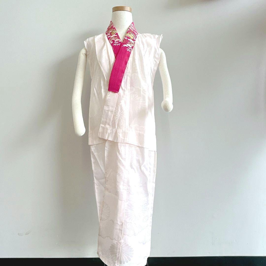 セット　七五三７歳女の子　着物＆帯＆袖無長襦袢＆小物　サーモンピンク　花御所車