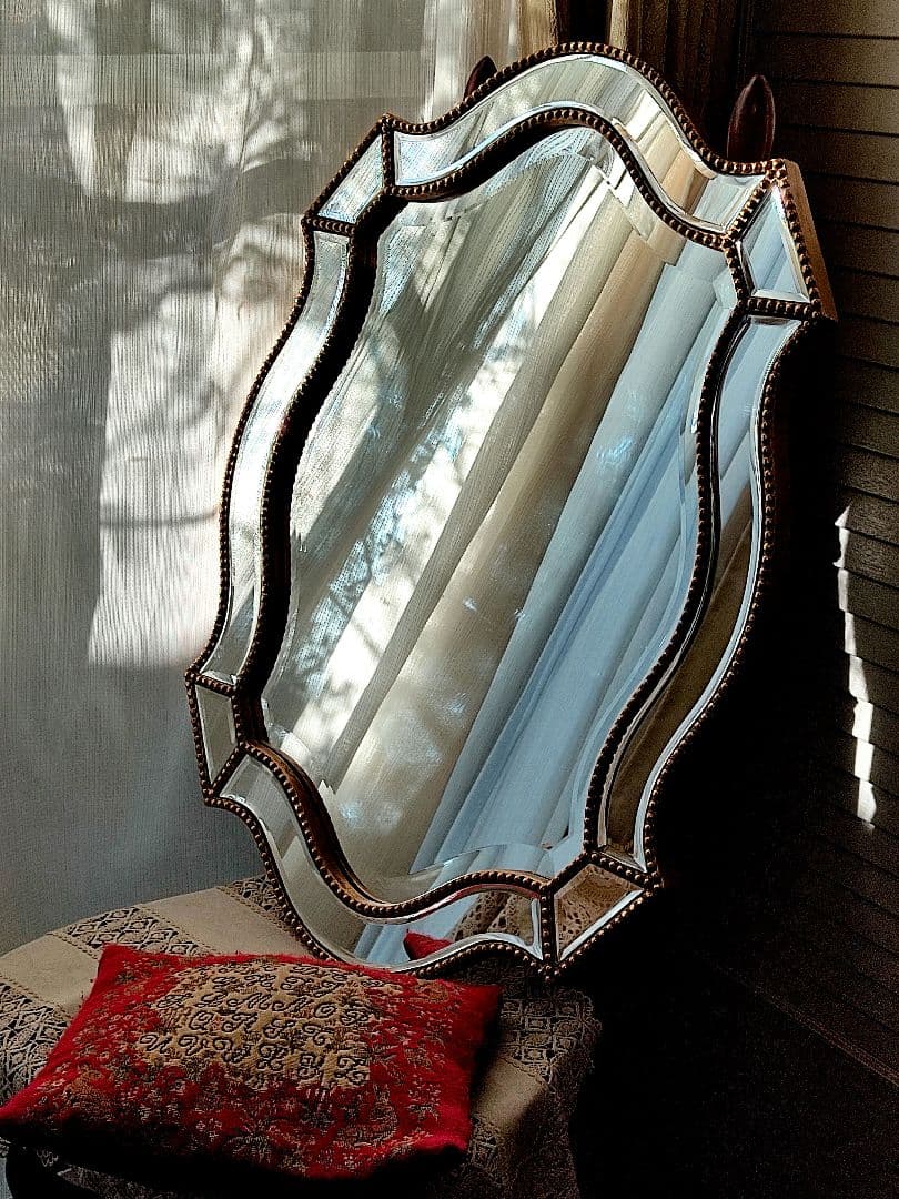 鏡　面取り　木製　ビンテージ　　アンティーク