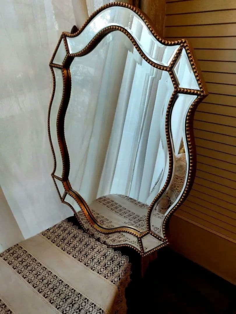 鏡　面取り　木製　ビンテージ　　アンティーク