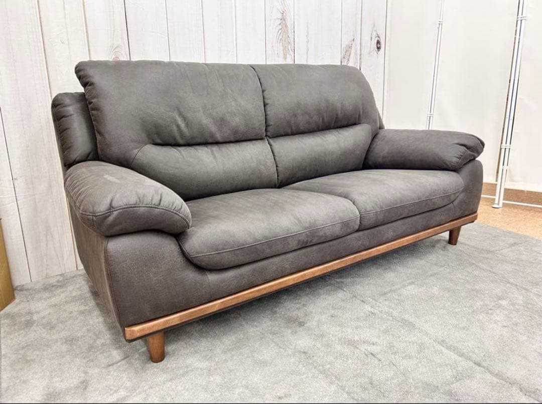 3人掛けソファー　ファブリックレザー調　ダークグレー