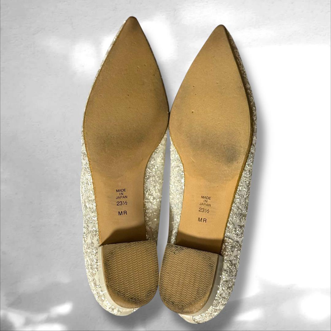 DIANA グリッターチュール　ロングノーズフラットシューズ　プラチナ　23.5