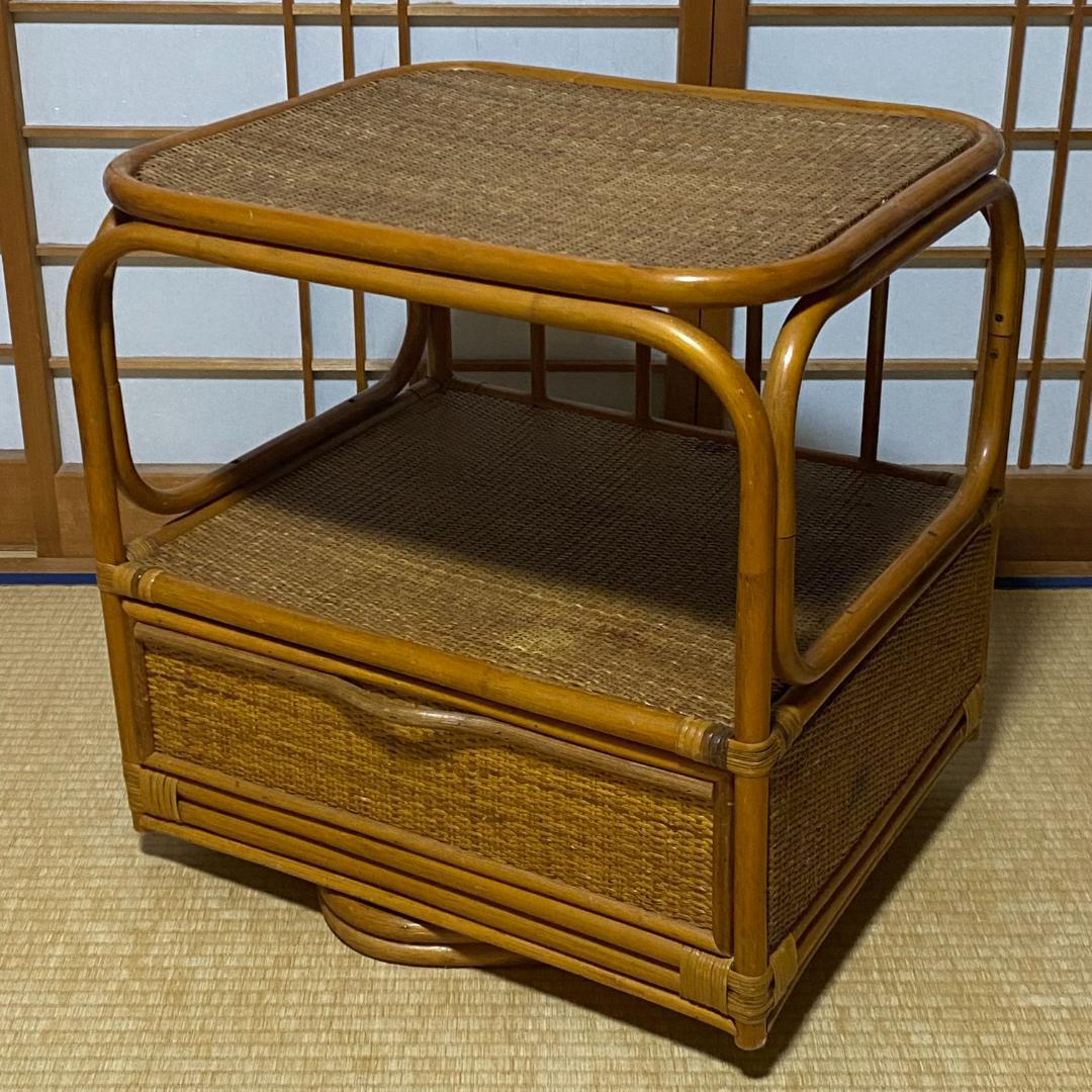 ラタン 籐 チェスト 棚 回転式 2段 引出し1口 籠 W55 D50 H57