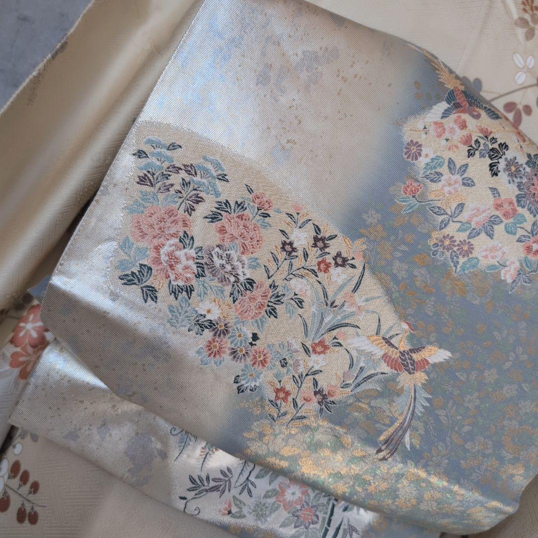 訪問着　フルセット　着物　正絹　淡い黄色　トールサイズ　比翼仕立　花金駒刺繍E2