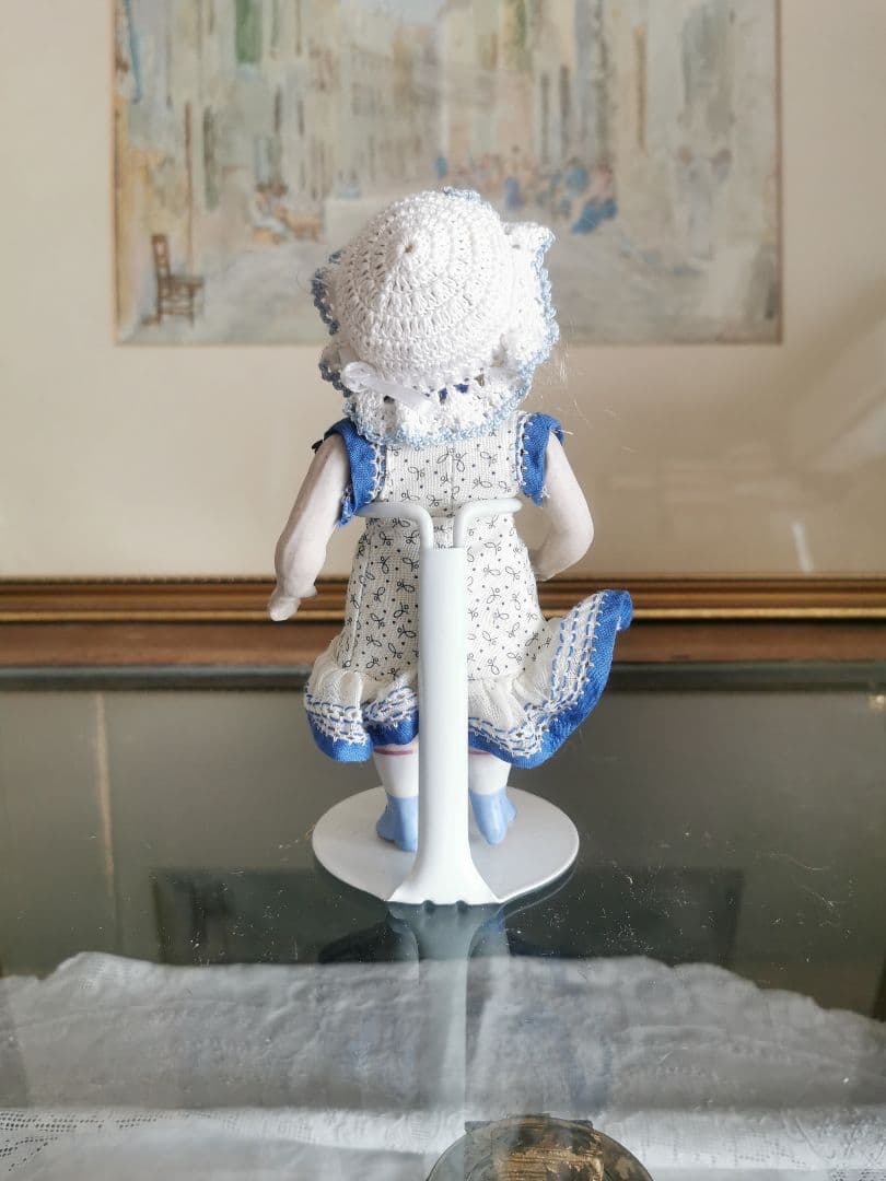 アンティーク ミニョネット オールビスクドール 可愛いインディゴ花柄ワンピース