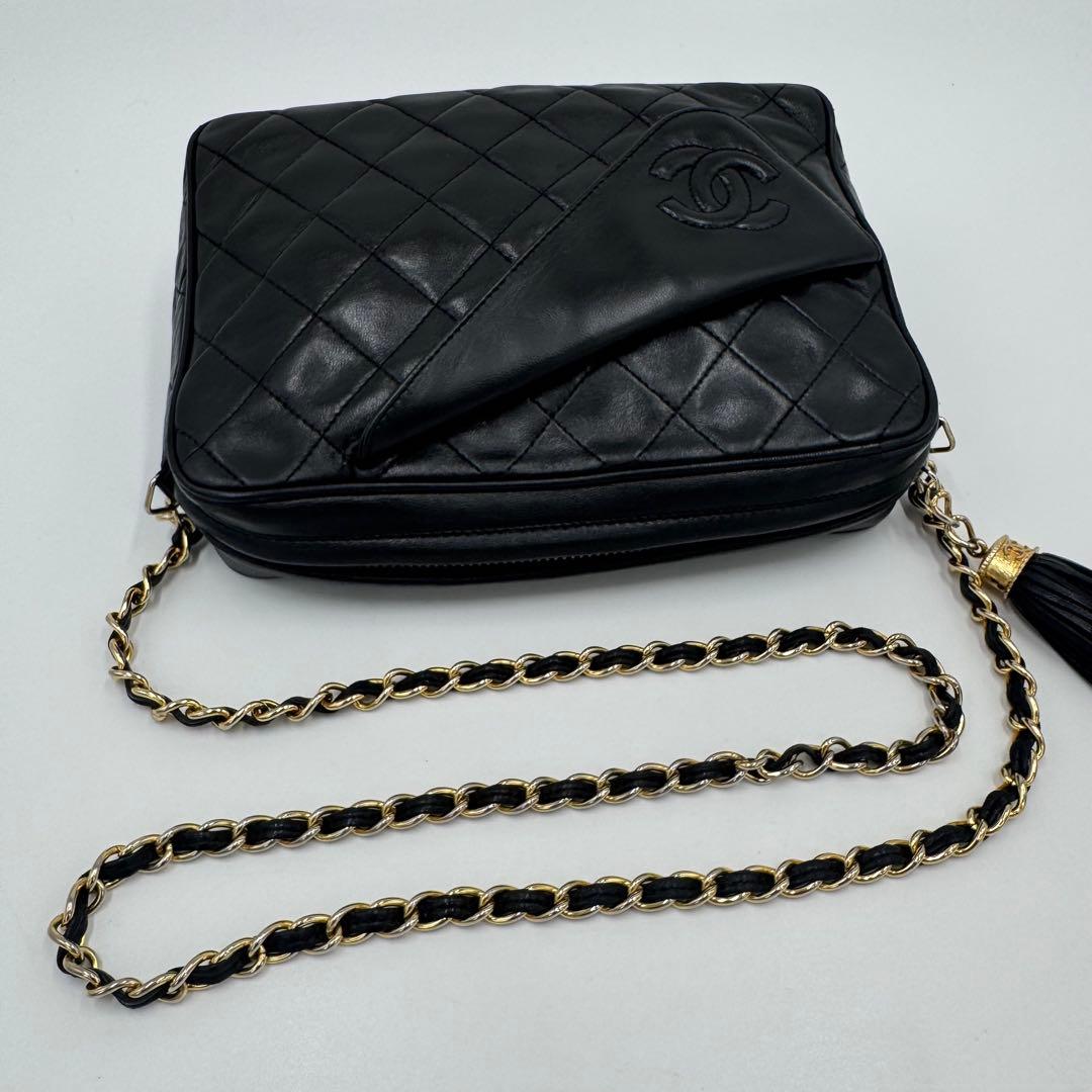 シャネル マトラッセ フリンジ チェーン ラムレザー ショルダーバッグ ブラック