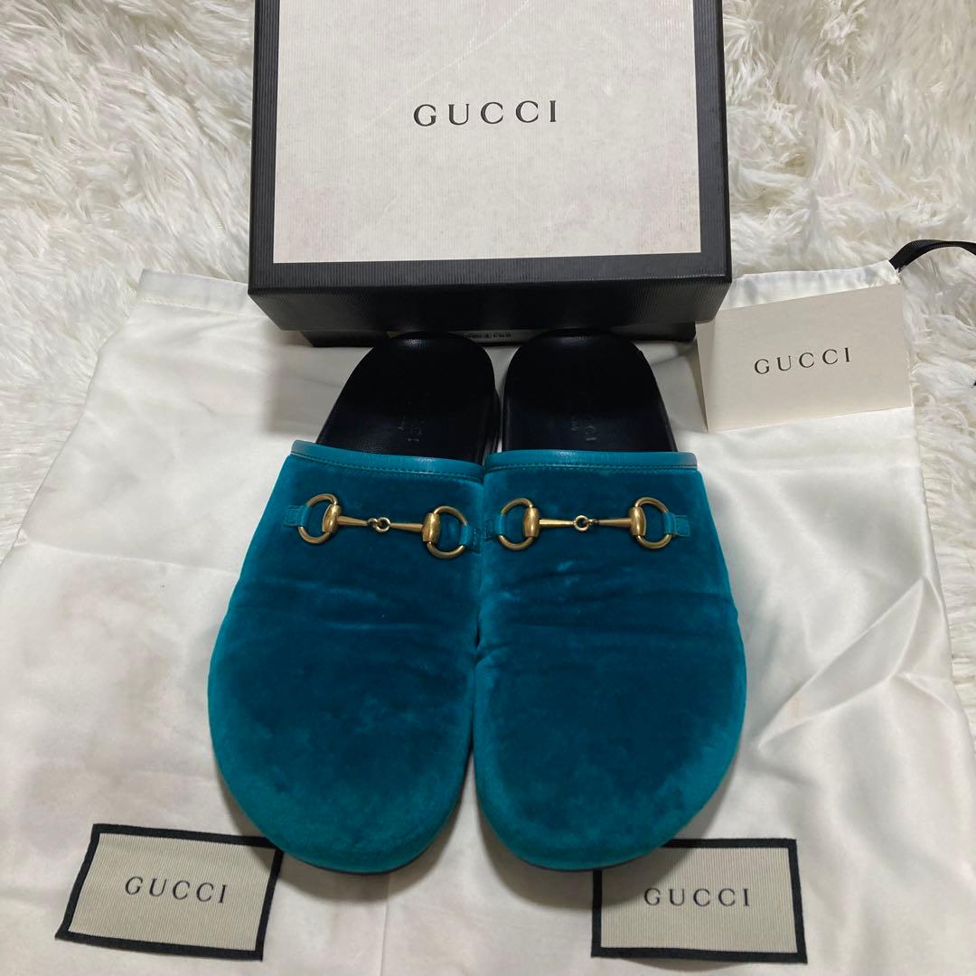 GUCCI グッチ　ホースビット　37 ベロア　サボ　サンダル　ミュール　ブルー