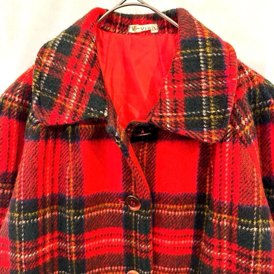 かっちょヴィンテージ70sウール タータンチェック コートクラシック赤 紺