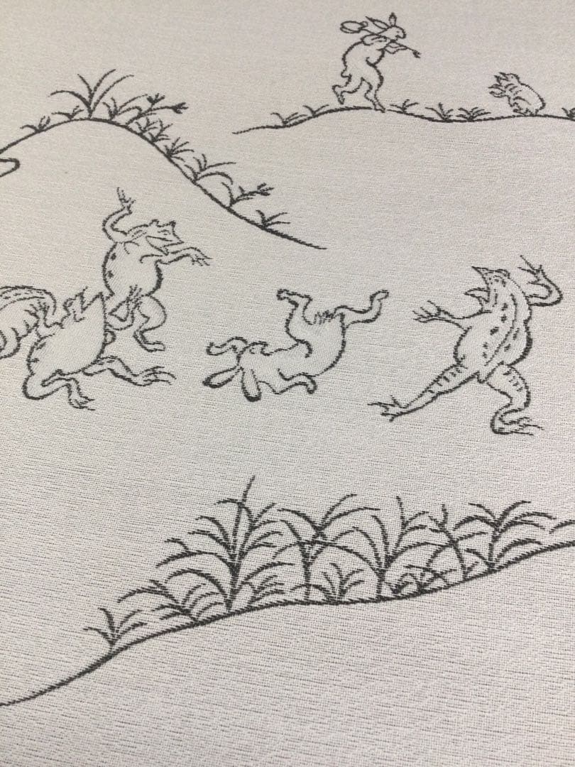 素敵な装い！西陣名古屋帯 綿芯仕立、ガード加工済「鳥獣人物戯画」薄グレー簡易包装