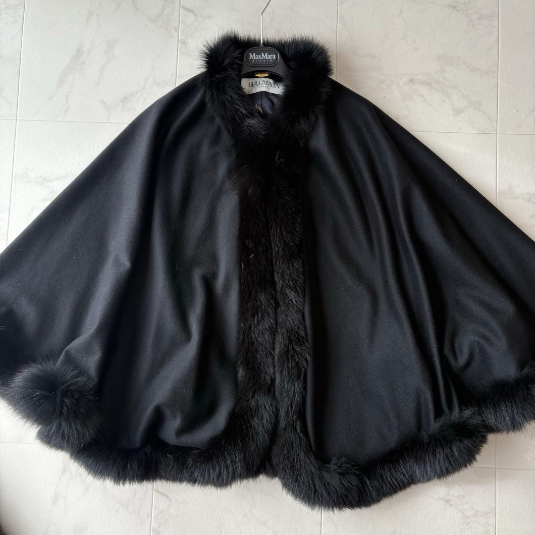 最高級✨《バルマン》カシミヤ100% フォックスファー 裏地シルク ポンチョ