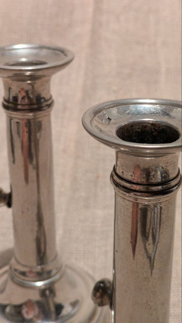 【完動良品】フランスアンティーク 高さ調節可能な蝋燭台 レア銀色2個 25-D