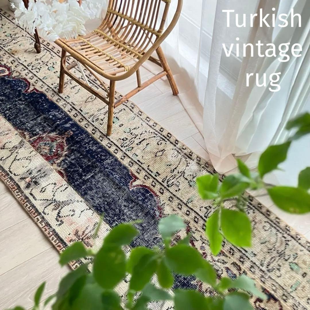 超ロングネイビー65×249レッド　パッチワークランナー　トルコヴィンテージラグ