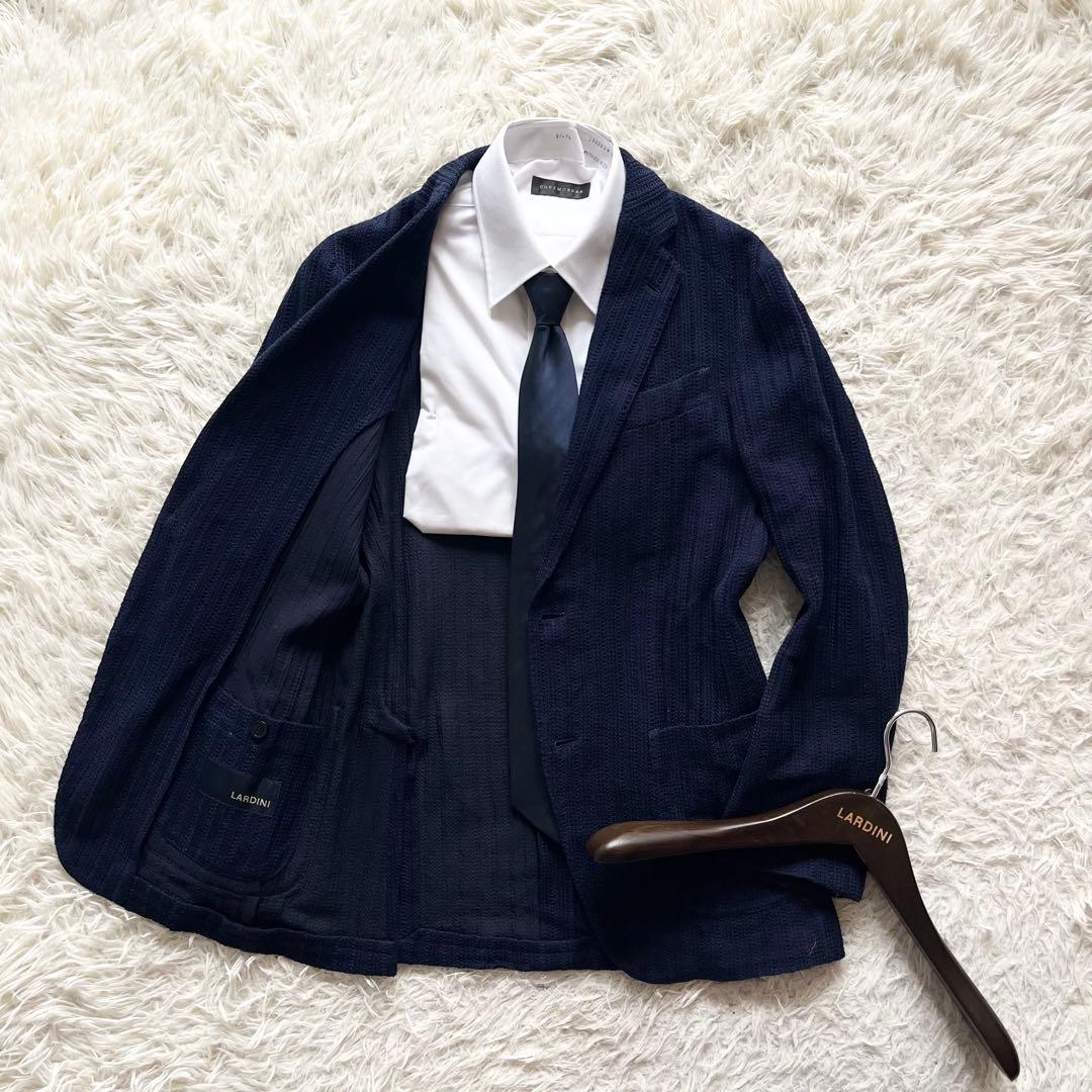 <美品>LARDINI LIKNIT ネイビー 新ロゴ ニットジャケット 44