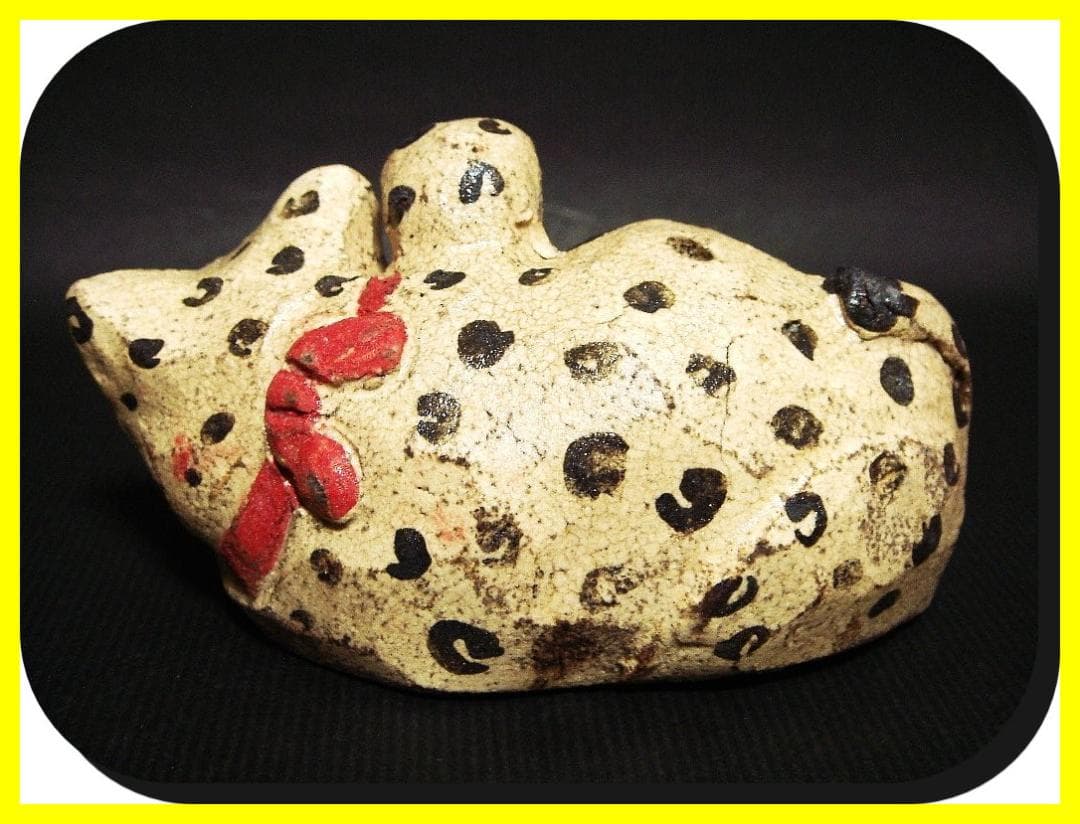 ma602⑦『ユキヒョウ 招き猫 横』陶器　/骨董品 古美術 アンティーク 古玩