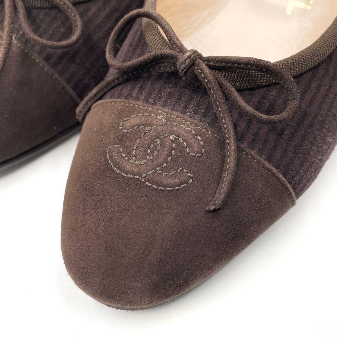 《超美品》シャネル ココマーク フラットパンプス バレエ ストライプ柄 茶系