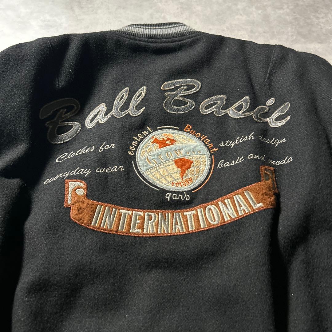 BALL BASIC ブラック レザー 刺繍 カレッジロゴ デザイン スタジャン