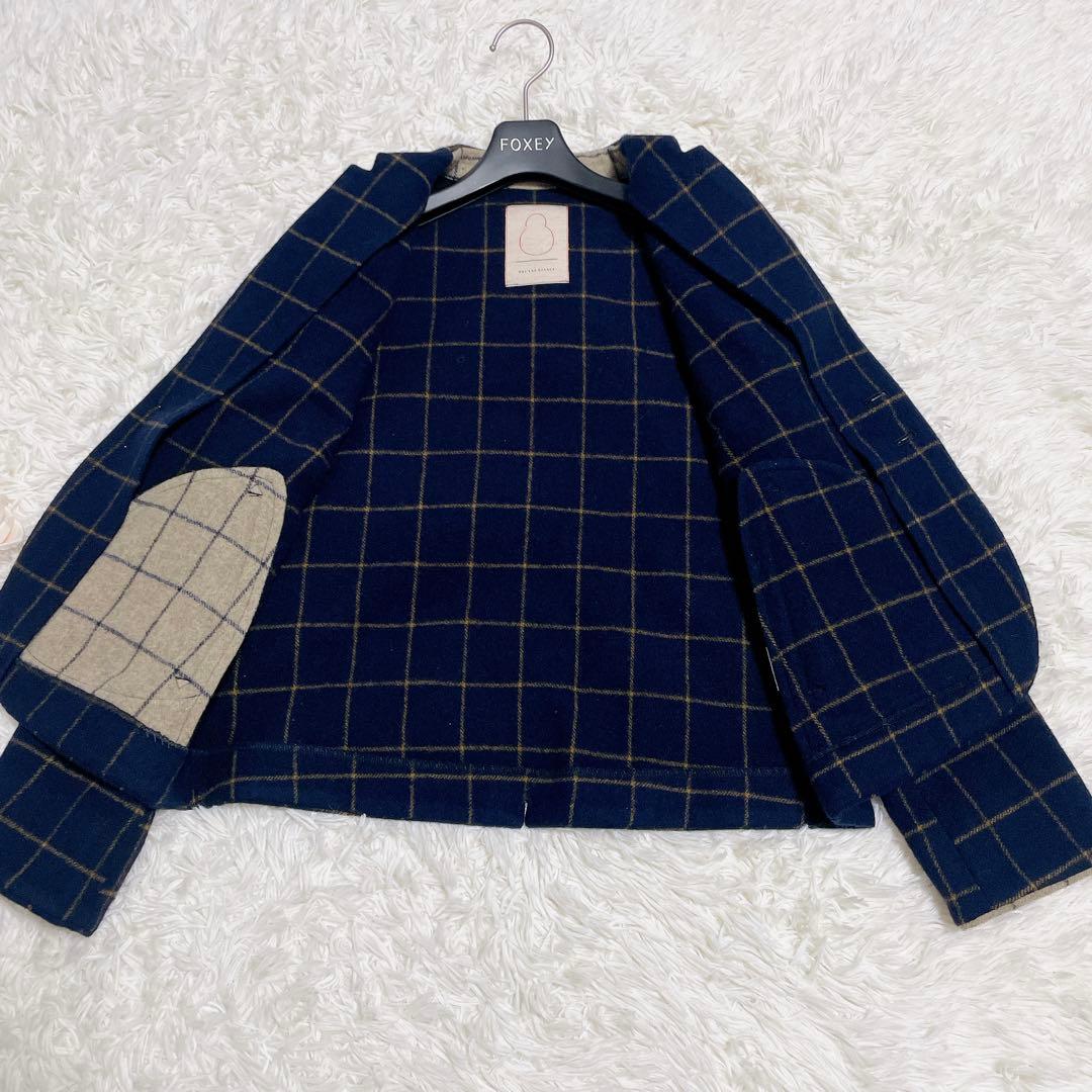 パラスパレス　ネイビー チェック ノーカラージャケット　ウール　サイズ2