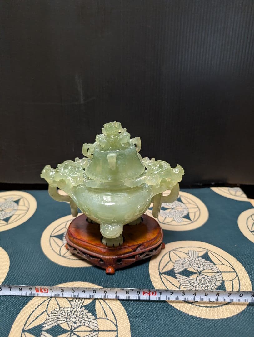 中国翡翠香炉 獅子装飾 置物 約10cm