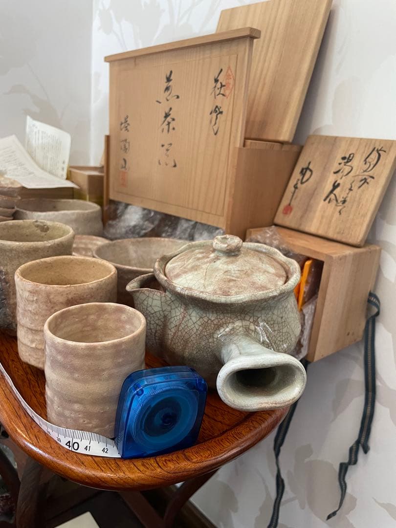 未使用　萩焼　茶道具セット 20点 陶器・木製茶托　 おぼん　トレイ　まとめ売り