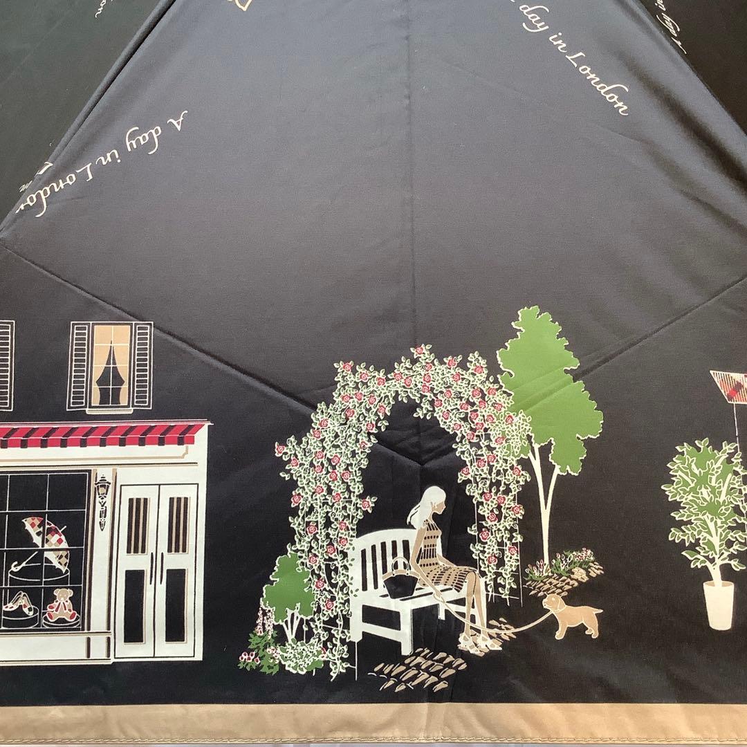 新品★DAKSダックス捺染プリントカラフル街並み柄晴雨兼用折りたたみ傘★日傘★黒