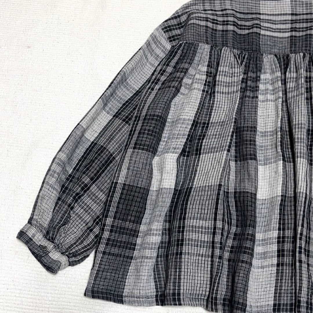 イチアンティークス　リネンギャザーブラウス　ワイド　バンドカラー　洗える　日本製