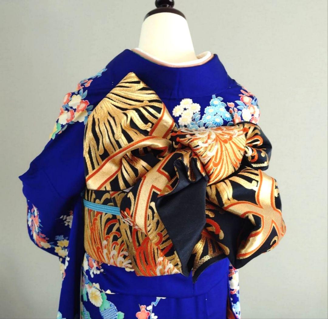 一部式作り帯　振袖用　格子に乱菊　胴巻き～90㎝　十三参りにも　正絹　黒色　金色