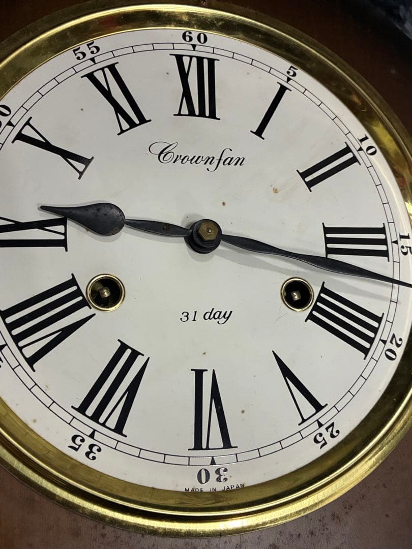 B）希少 アンティーク柱時計 愛工社CROWNFAN ダルマ四つ丸 31day
