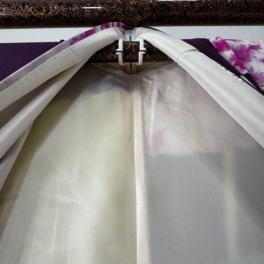 超美品　正絹　現代　振袖　小紋柄　成人式　着物　正絹　167 濃紫　水色　蓮葉