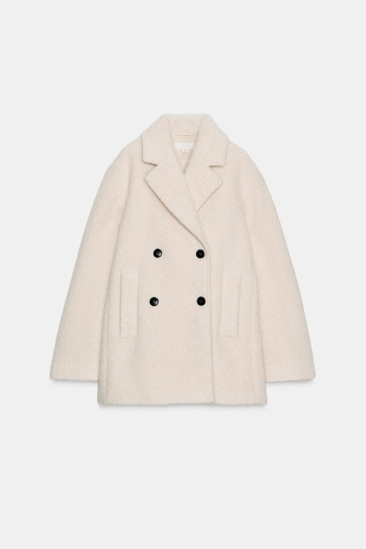 希少 Mサイズ ZARA ブークレダブルブレストミディ丈コート エクリュ