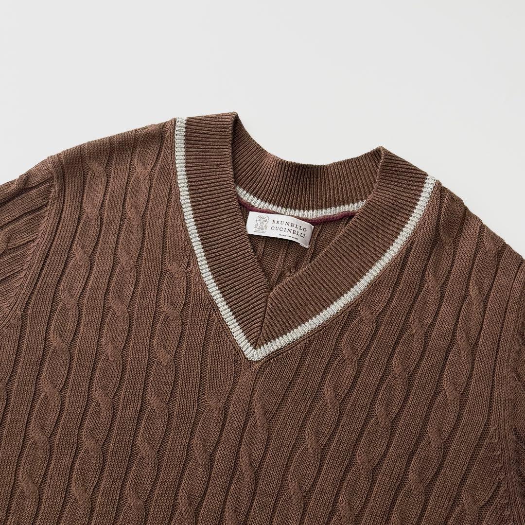 ブルネロクチネリ リネン コットン Vネック ケーブル ニット 46