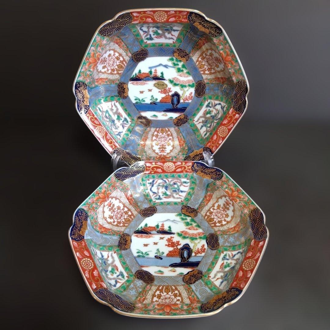 新品未使用 有田焼 幸楽窯 錦絵山水 六角深皿2枚　お祝い