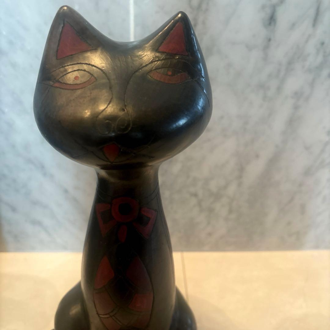 メキシコビンテージ　タトゥーのような美しい幾何学模様の猫陶器オブジェ