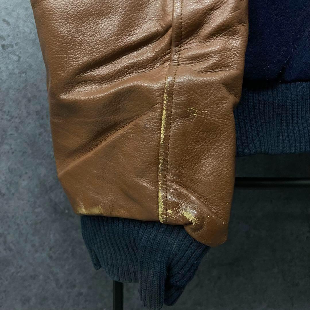 《US古着》企業 ウール・レザー 本革 中綿 スタジャン 刺繍ロゴ メンズXL