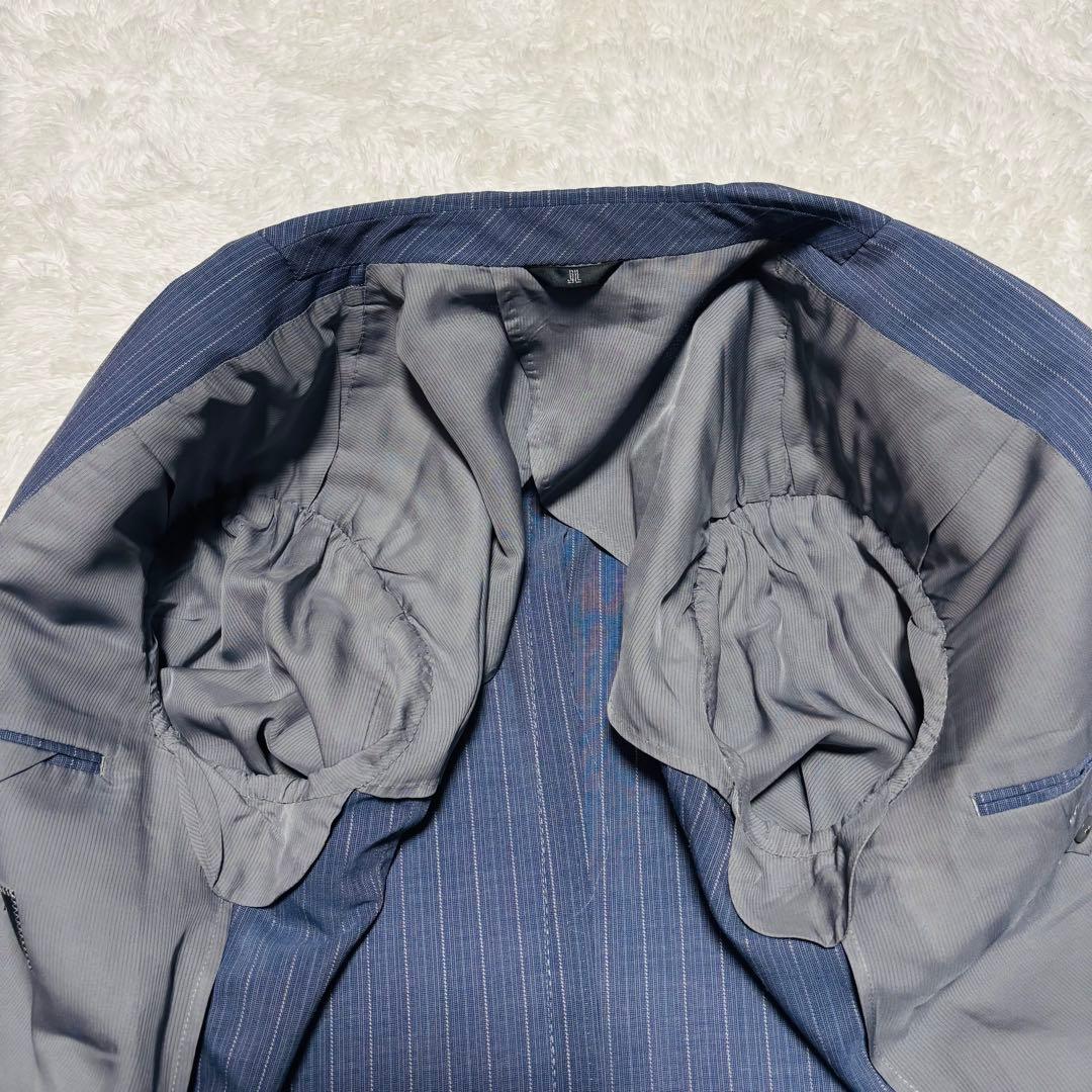 希少カラー ランバン 3ピース 高級 スーツ モヘヤ混 ブルー ストライプ M