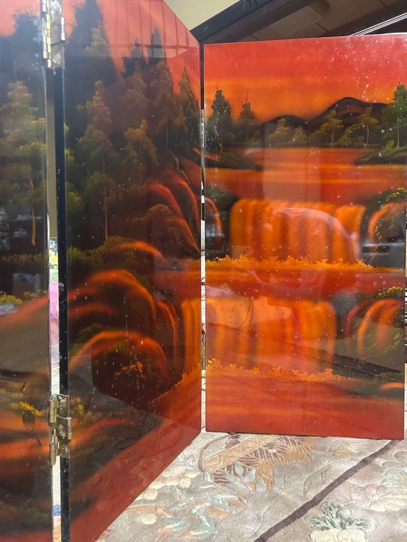 中国美術　螺鈿細工　衝立漆塗り　万馬奔騰図　令和8年干支