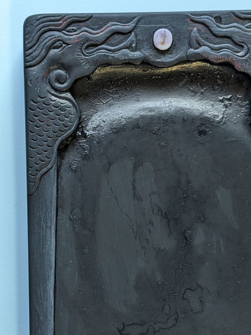 ♦中国硯 古玩 硯蓋 縞黒檀 龍文様硯 文房四宝 古美術品 アンティーク 骨董品