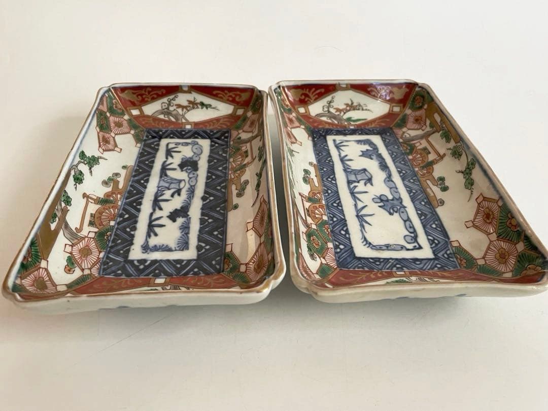 骨董　アンティーク　古伊万里　色絵　鮎皿　長方皿　2枚