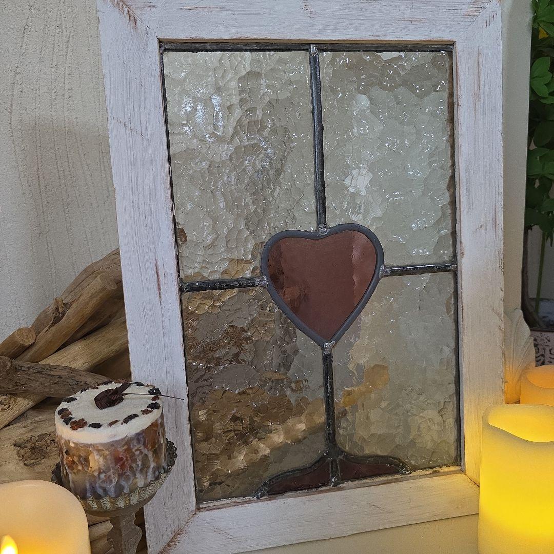 イギリスアンティーク　ステンドグラス　教会　波ガラス　ハート模様