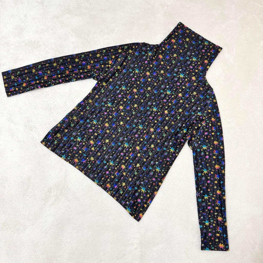 極美品✨PLEATS PLEASE 星柄　マルチカラー　長袖　ハイネック