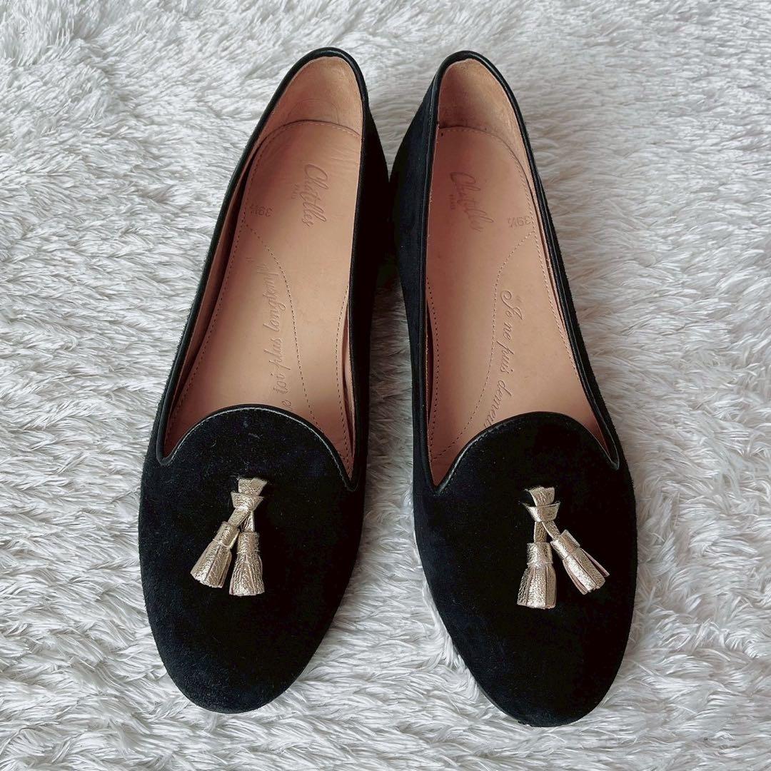 シャルテ フラットシューズ オペラシューズ黒×ゴールドタッセル付き 39 2/1