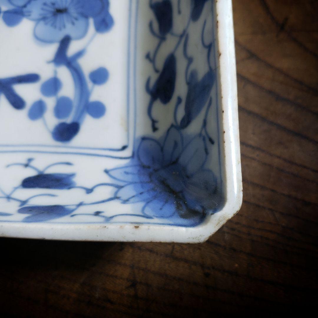 古伊万里 染付松竹梅図長皿 牡丹唐草 花唐草 鮎皿 江戸後期 厚手 訳あり