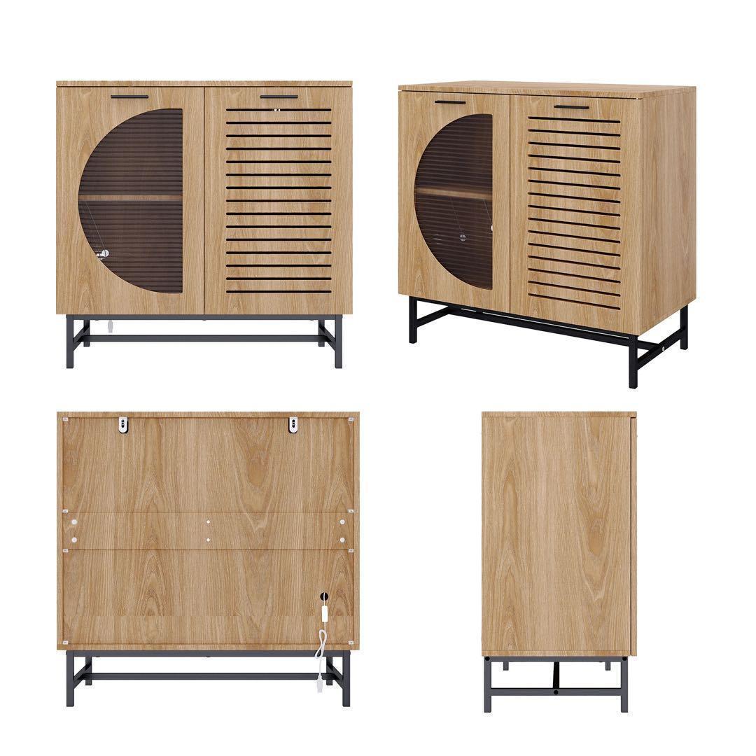 キャビネット サイドボード LEDライト付き 両開き扉収納 木目調 北欧風