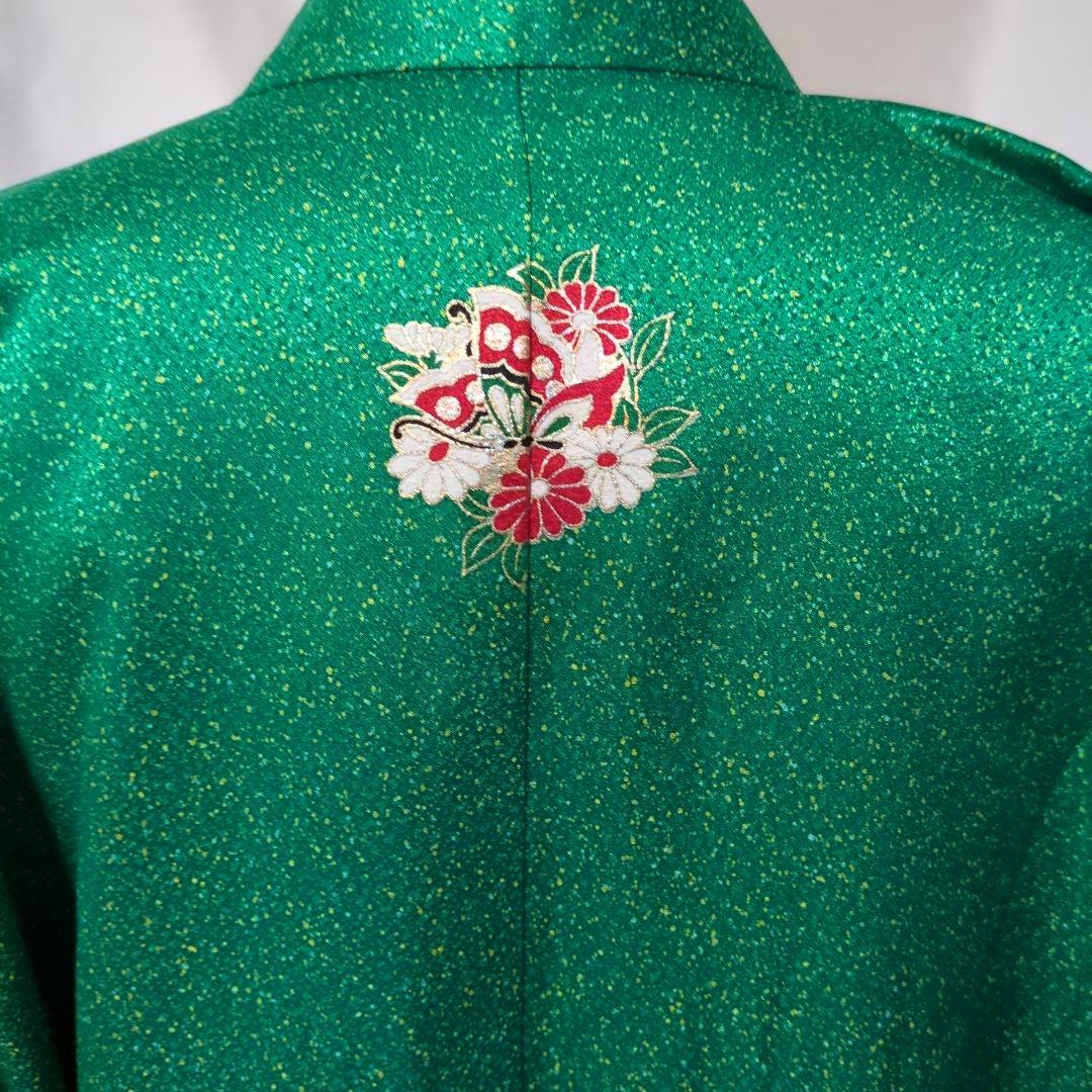 七五三７歳用 緑色着物 金通し　勝山かんざしセット付き