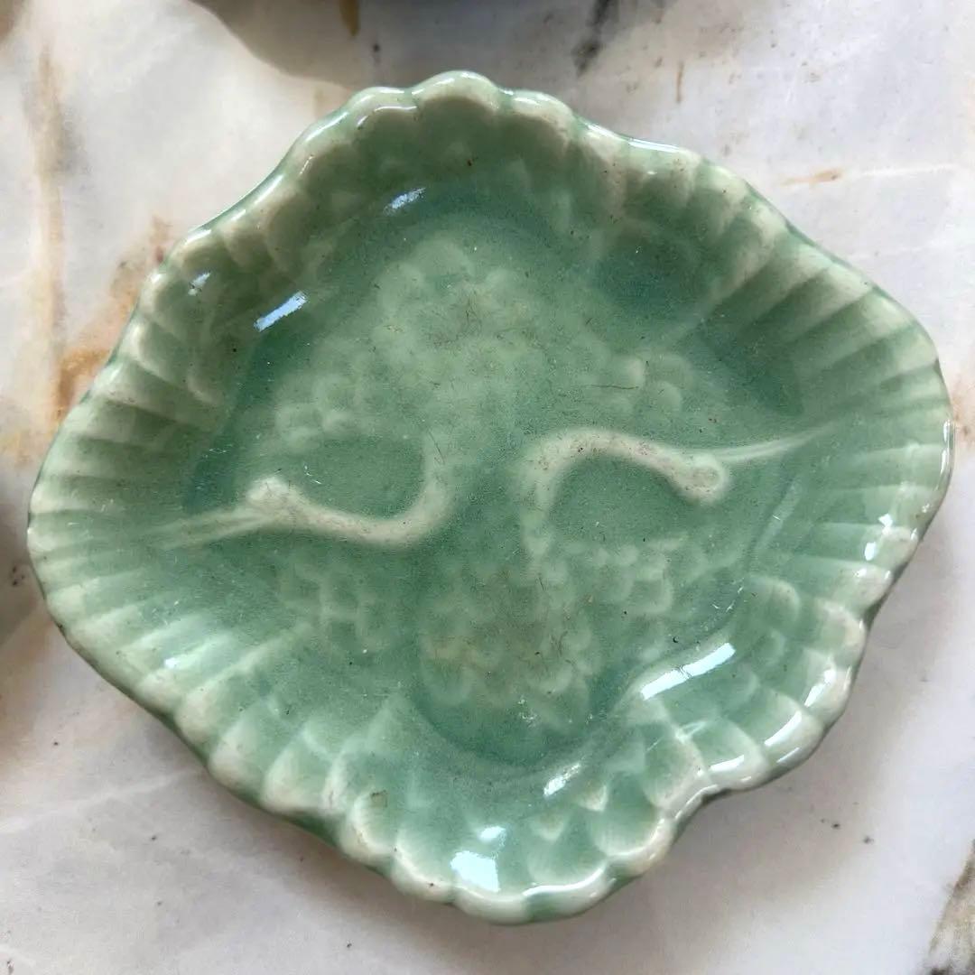 三田青磁 足付き 小皿 豆皿 6枚セット 双鶴 紋様