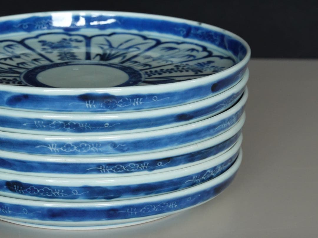 江戸時代　中期　古伊万里　染付　墨弾き　草花文　皿　6客　リム皿　七寸皿　中皿