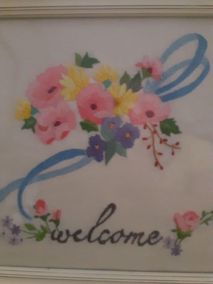 戸塚刺繍(美品) 花柄デザインの楕円形ミラー　他に ウェルカム額(追加)