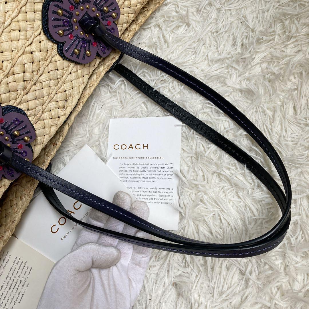【極美品】COACH コーチ 68610 ラフィアトートバッグ フラワー 花柄