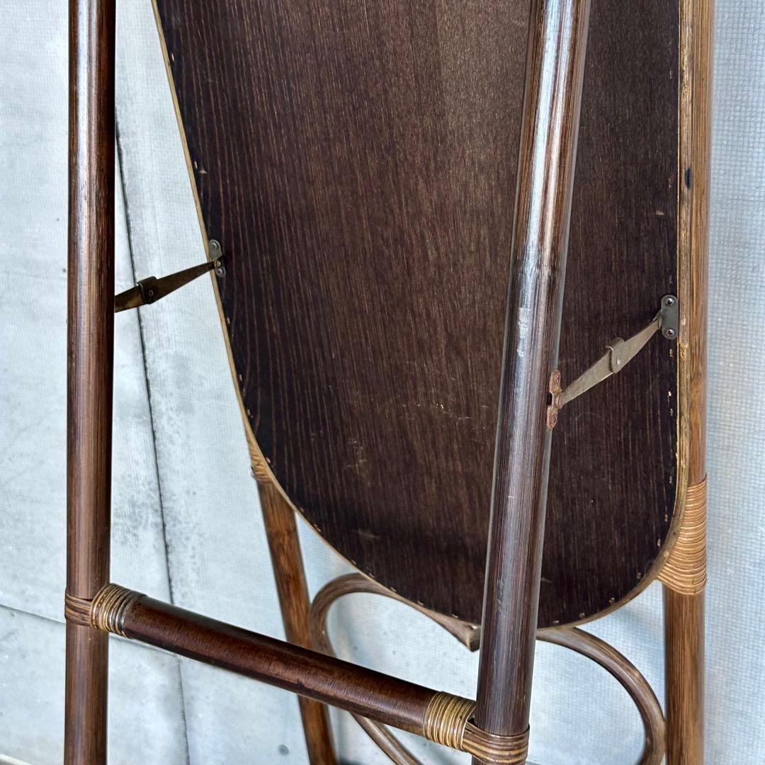 ♦︎昭和レトロ♦︎黒光スタンドミラー 物置格納型大鏡 姿見 等身鏡オールドラタン