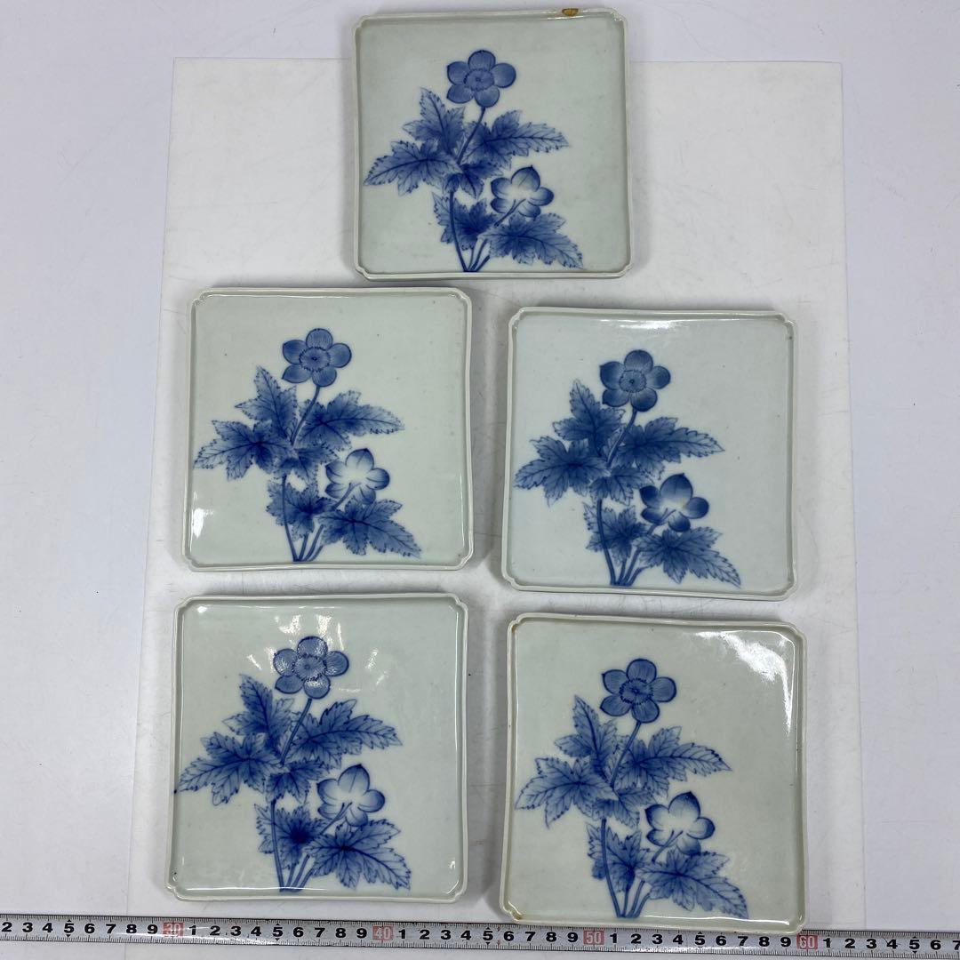 鍋島焼 花柄 角皿 5枚 14×14cm 東キ7-0824☆2F トコヒ