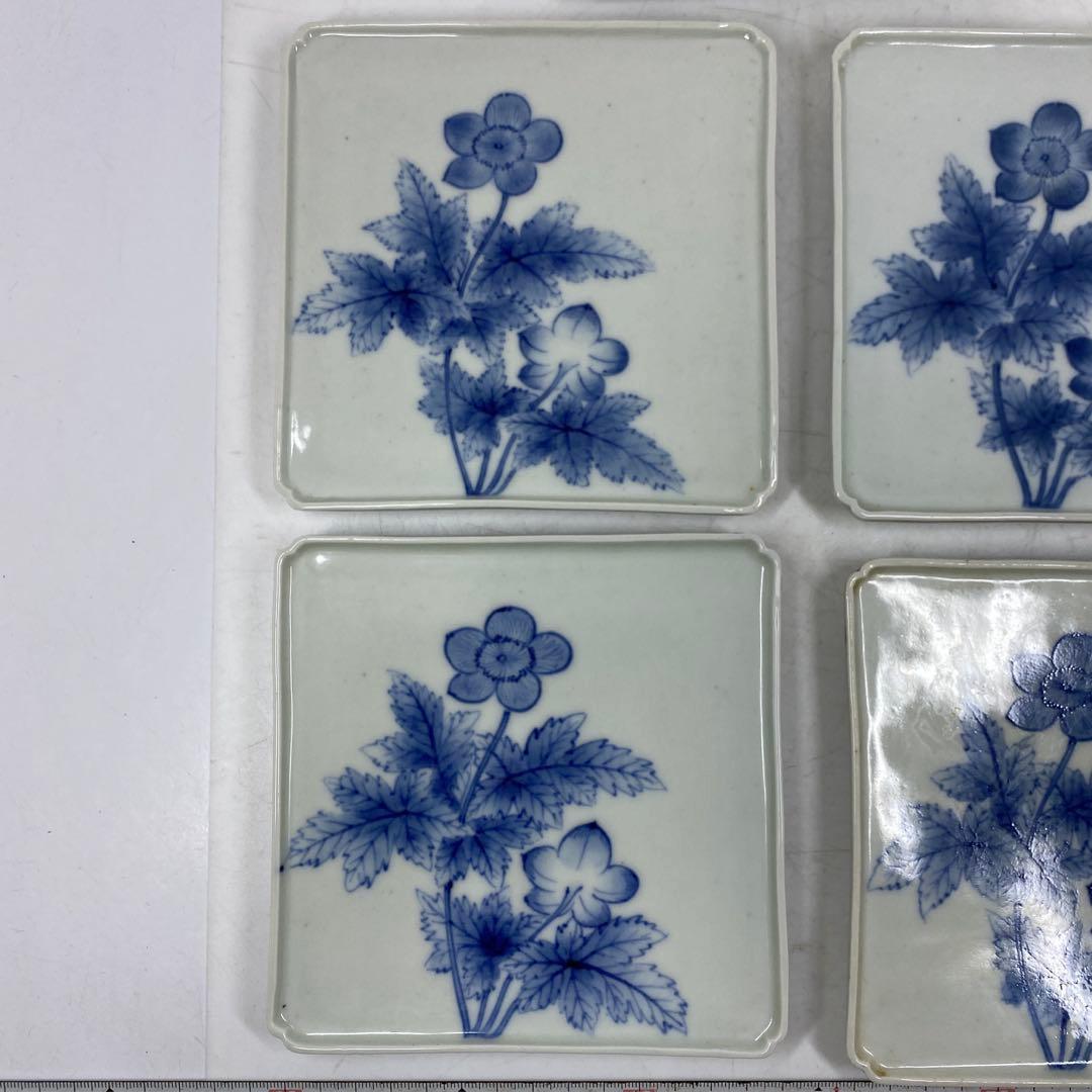 鍋島焼 花柄 角皿 5枚 14×14cm 東キ7-0824☆2F トコヒ